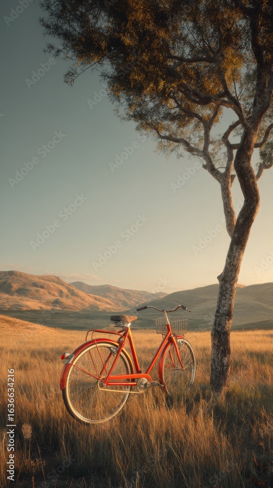 Fototapeta premium Vintage Red Bicycle Leaning on Lone Tree on Hillside at Golden Hour – Cinematic Peaceful Photorealistic Landscape
