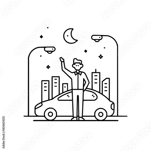 Illustration of hailing a cab in the city at night with moon and stars, a simple black and white line art style