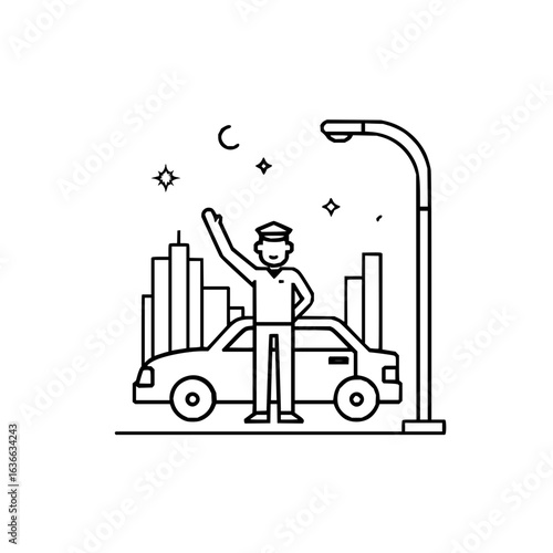 Taxi driver hailing a cab in city at night line art vector illustration design icon graphic 100