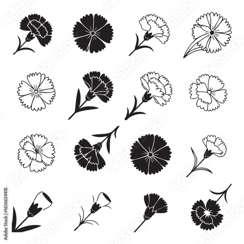 Black and white carnation flower icons and vector illustrations for graphic design projects and floral arrangements in monochrome style