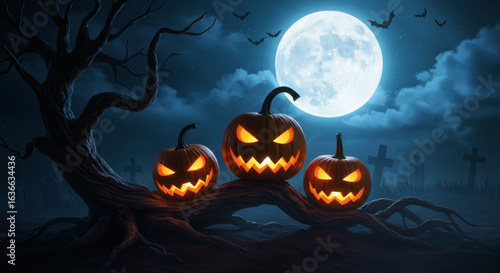 Pumpkin zombie Rising Out Of A Graveyard cemetery and church In Spooky scary dark Night full moon bats on tree. Holiday event halloween banner background concept.