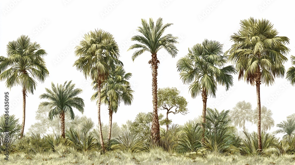 Obraz premium Tropical trees illustrated across a white background