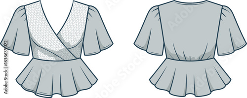 Fashion technical sketch of a women’s wrap top with flutter sleeves, peplum waist, elegant blouse design for garment template illustration