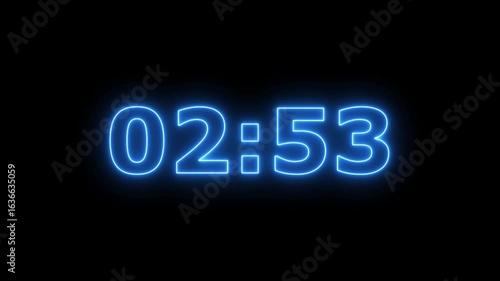 Animation of glowing neon icon ,3 minute countdown timer .3 minute stopwatch , analog icon animation .Dynamic 3 Minute Countdown Animation Engaging Timer Visuals for Events,