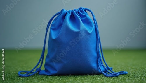 Blue drawstring bag sits on green grass, perfect for sports equipment storage, transport. Versatile, lightweight sack made from durable, hard-wearing fabric suitable for gym, travel, everyday use.