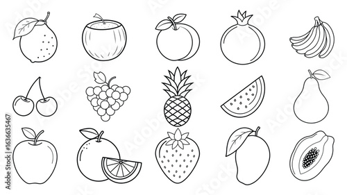 Food line icon set - papaya, mango, strawberry, orange, apple, pear, watermelon, pineapple, grapes, cherries, bananas, pomegranate, peach, coconut, lemon linear icons