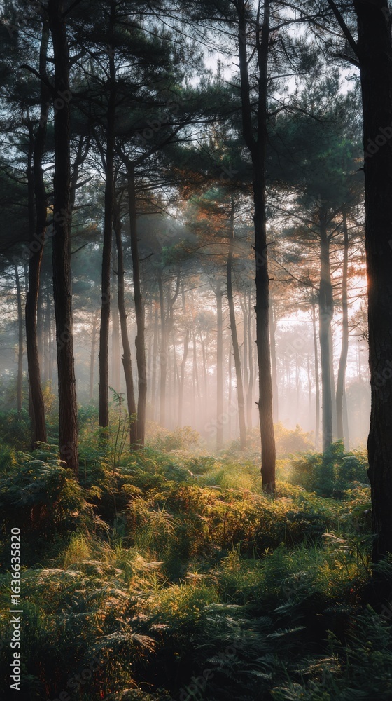Obraz premium Soft Dreamy Forest Landscape at Sunrise with Morning Mist and Sunbeams – Cinematic Tranquil Nature Photography