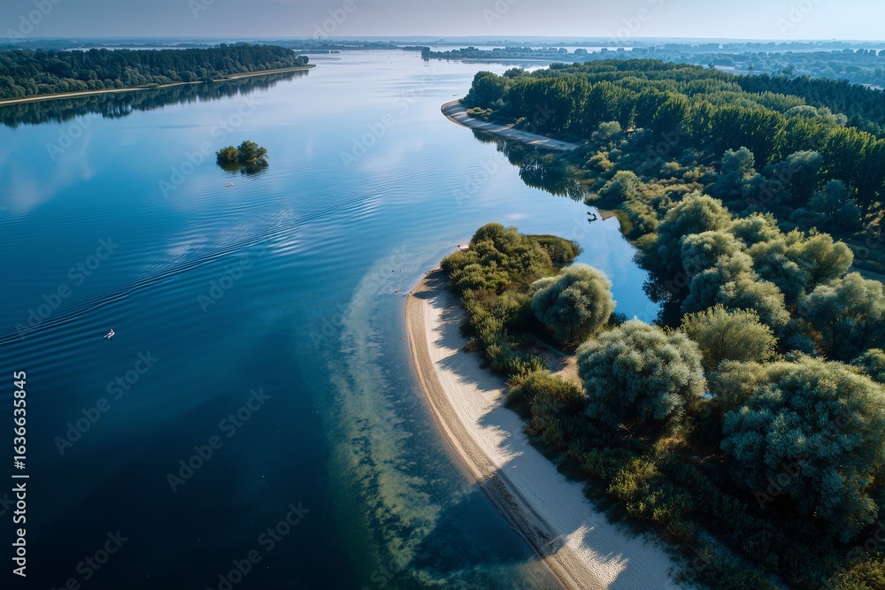 Obraz premium Aerial view of river bend with sandy beach trees and small island on calm blue water
