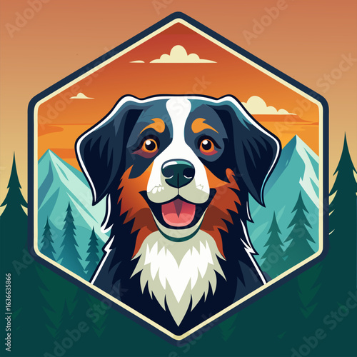 Bernese Mountain Dog illustration with a smiling expression; displayed in a mountain landscape. Friendly animal mascot for outdoor apparel or pet products.