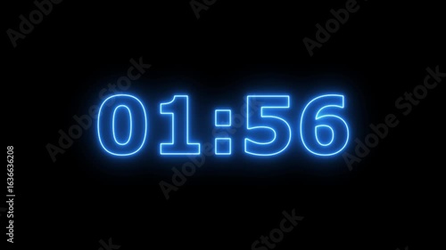 Animation of glowing neon icon ,2 minute countdown timer .2 minute stopwatch , analog icon animation .Dynamic 2 Minute Countdown Animation Engaging Timer Visuals for Events,