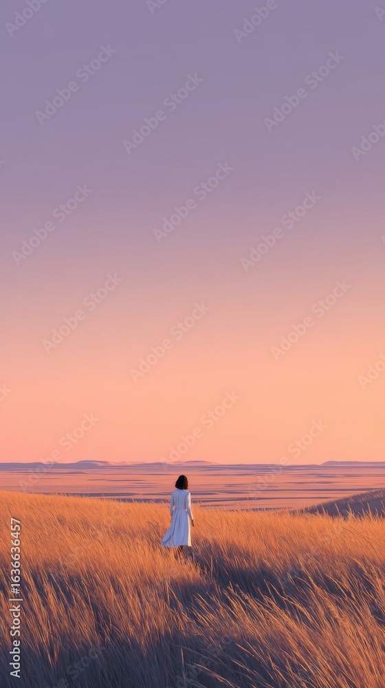 Fototapeta premium Minimalist Prairie Landscape at Dawn with Solitary Woman in White Dress – Photorealistic 8K Cinematic Nature Scene