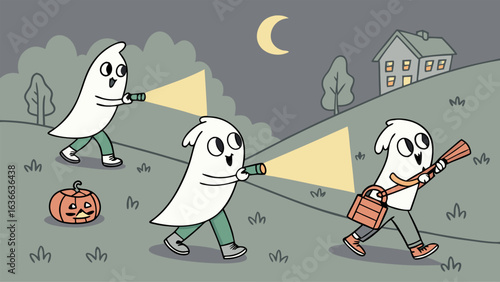 Three cute cartoon ghosts with flashlights and a trick or treat bag explore a spooky landscape at night under a crescent moon