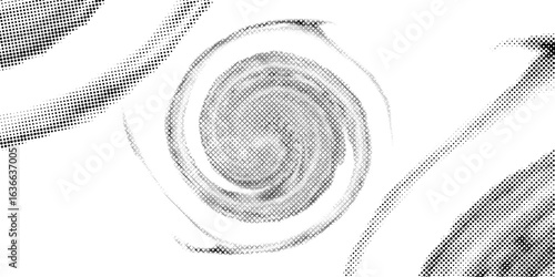 Set of dotted curved abstract shapes. Dotted pattern in halftone theme. Curved and twisted abstract gradients. Vector design element in black and white color.