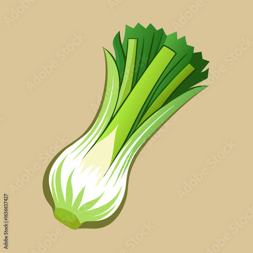 Fresh leeks. displaying vibrant green leaves and white bulbous base. presented in a neutral background. A visually appealing depiction suitable for culinary or grocery store advertising.