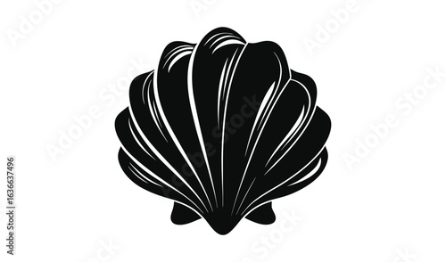 Stylized black and white illustration of a scallop shell