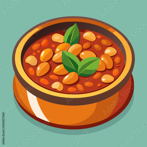 Colorful illustration of a bowl of beans with a rich. reddish brown sauce. topped with fresh green leaves. presented in a cartoon style. A hearty. flavorful meal in a warm. inviting dish.