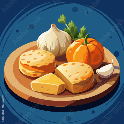 Gourmet cheese and fruit platter on wooden board. Display of assorted cheeses. pumpkin. and garlic. Food stylist presentation for restaurant or food blog. High end grocery store.