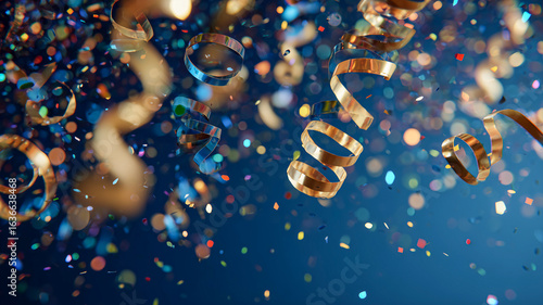 Festive Celebration Scene with Multicolored Confetti Bursting Mid-Air on Dark Blue Backdrop Captured in Dynamic Real Photo Style