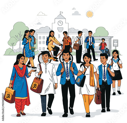 08082025_Diverse Indian Students at School
 This illustration shows a lively group of students, likely in India, walking and interacting in front of a school building.