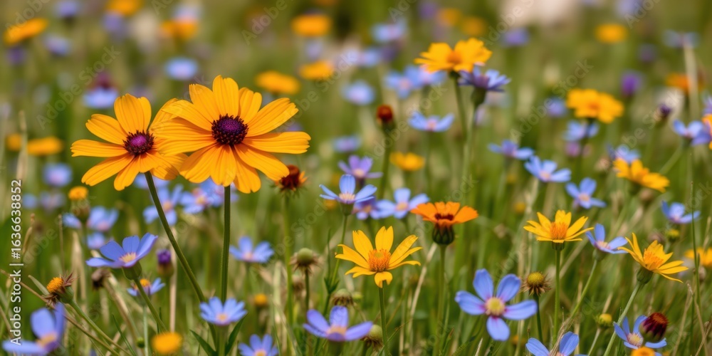 Obraz premium Vibrant meadow filled with blooming yellow and blue wildflowers on a sunny day