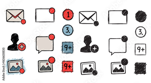 Collection of hand drawn social media notification icons and symbols representing unread messages alerts and new activity updates