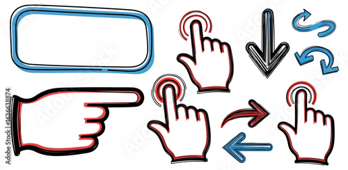 Collection of hand drawn digital interface icons including pointing fingers cursors arrows and a blank speech bubble for user interaction and web design elements