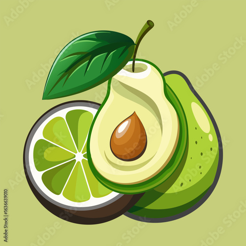 Avocado and lime fruit illustration on a light green background. Fresh. vibrant cut avocado and lime halves in a still life composition.