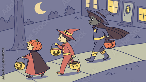 Three children in halloween costumes a pumpkin a wizard and a superhero walk down a sidewalk at night carrying candy buckets