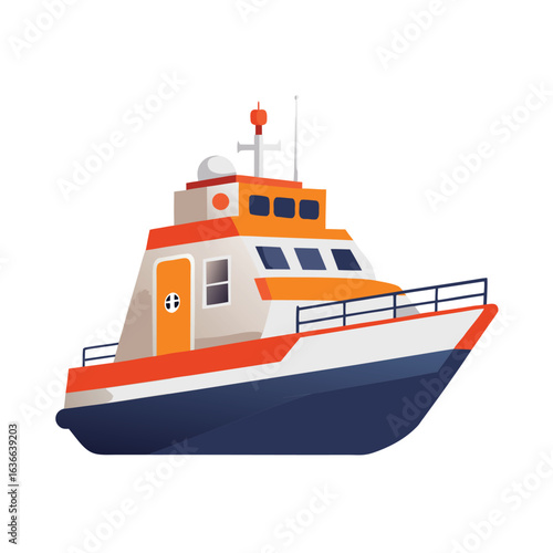 Orange and white rescue boat with dark blue hull on white background ship vessel
