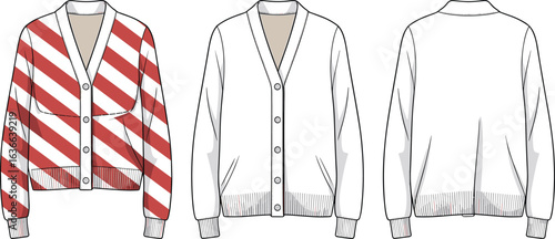 Technical fashion sketch of men’s V-neck cardigan with ribbed hem and sleeves, modern knitwear garment template for apparel design illustration