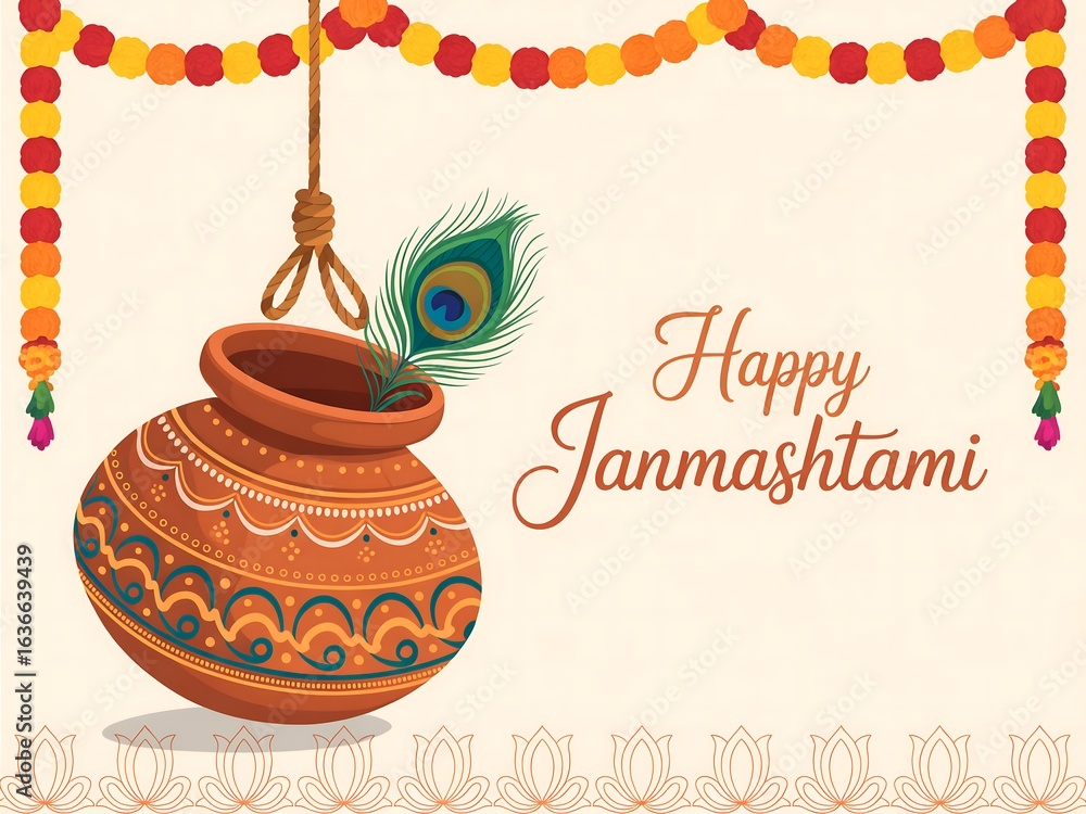 Naklejka premium A festive janmashtami illustration featuring a hanging clay pot with a peacock feather and floral decorations