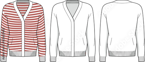 Technical fashion sketch of men’s V-neck cardigan with ribbed hem and sleeves, modern knitwear garment template for apparel design illustration