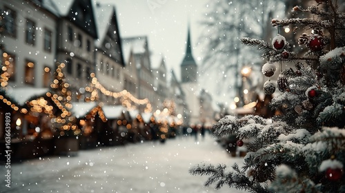 Beautiful snowy Christmas background decorated