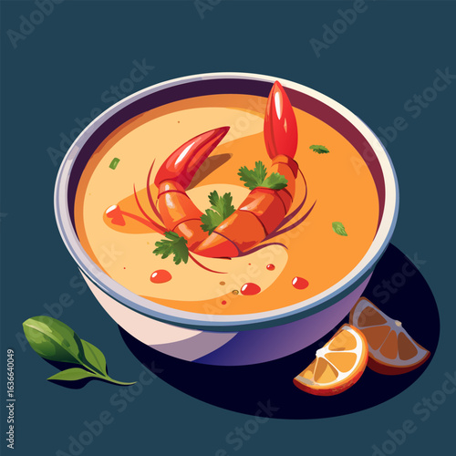 Shrimp soup in a bowl with garnish. Colorful soup in a white bowl. showcasing a prawn. garnished with cilantro and sitting on a dark background with a slice of lemon.