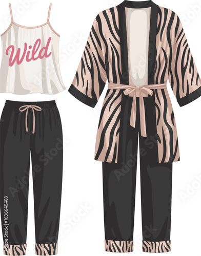 Trendy women’s loungewear set, stylish zebra print sleepwear, fashion pajama mockup, cozy wild slogan top, soft fabric illustration, modern ladies nightwear design, chic homewear outfit
