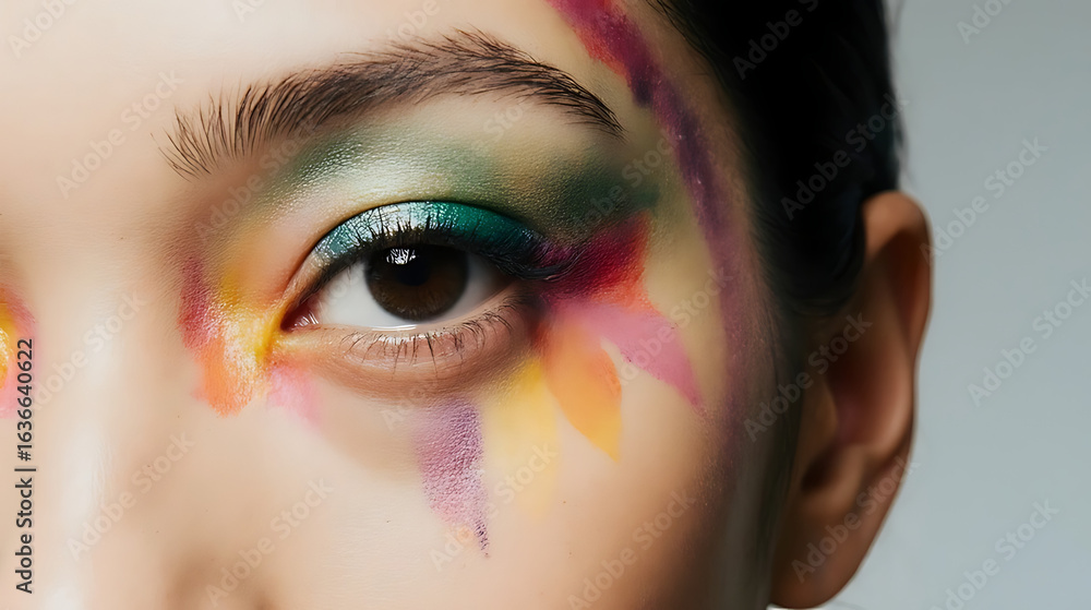 Fototapeta premium artistic portrait focusing on one eye surrounded by expressive brushstrokes of bright and contrasting colors 
