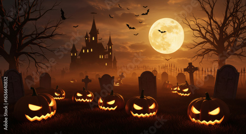 Spooky Graveyard with Glowing Jack O Lanterns and Haunted House
