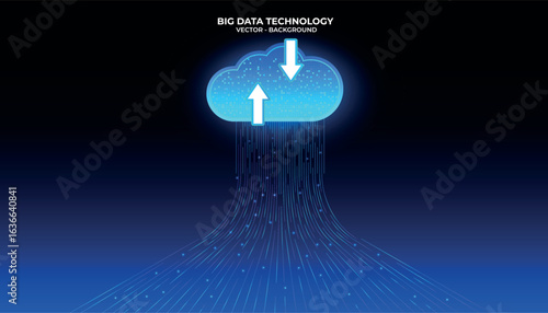 Automated data migration and streaming tool for cloud technology adoption. Multicolored lines reflect the seamless transition of data to the futuristic cloud, with space to add technological elements.