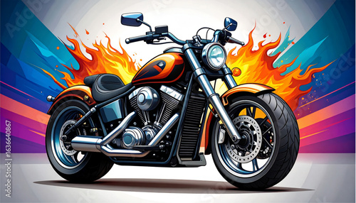 A stylized motorcycle, rendered with vibrant colors, against a backdrop of flames and dynamic rays.