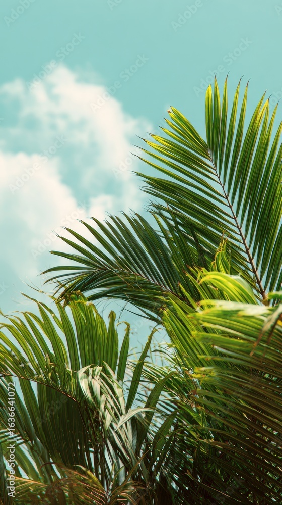 Fototapeta premium Stunning photo of stunning photo of palm Sunday concept photo shows rich green palm leaves against pastel blue sky with soft clouds. Sunny day. Beautiful natural background.