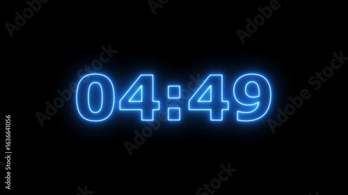 Animation of glowing neon icon ,5 minute countdown timer .5 minute stopwatch , analog icon animation .Dynamic 5 Minute Countdown Animation Engaging Timer Visuals for Events,