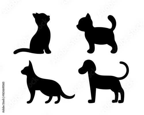 Four Animal Silhouettes in Black Color Depicting Cat and Dog Variations