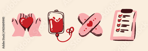Blood donation icons blood bag, checklist, hands holding heart, medical plasters. Flat vector illustration. Healthcare, medical aid and charity concept