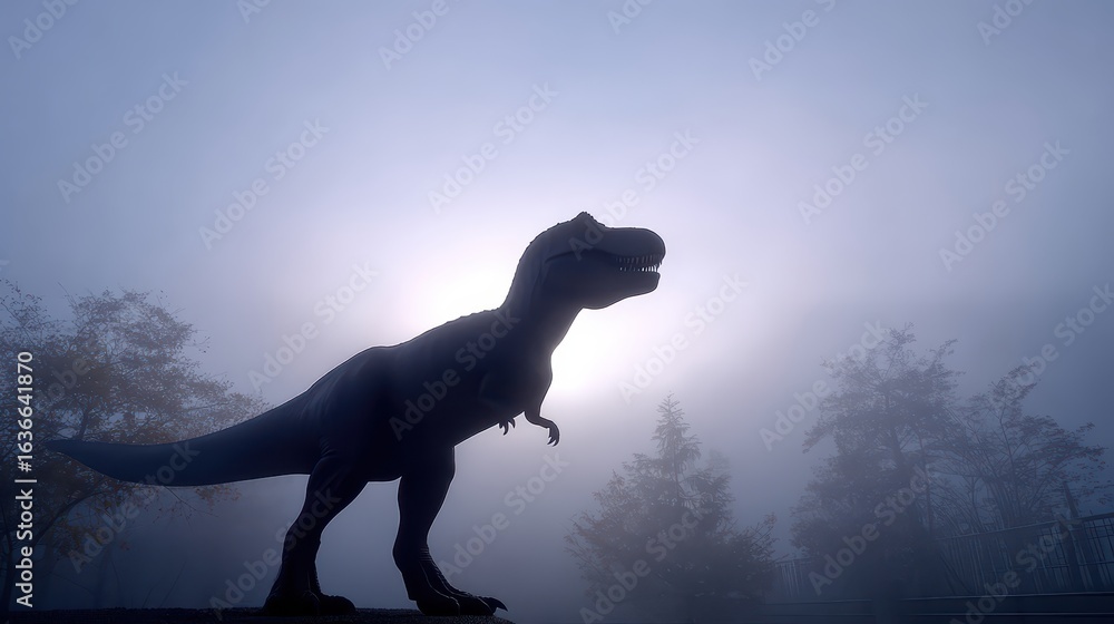 Fototapeta premium Tyrannosaurus Rex in Mist: A Tyrannosaurus Rex stands silhouetted against a misty backdrop, evoking a sense of mystery and the ancient past.