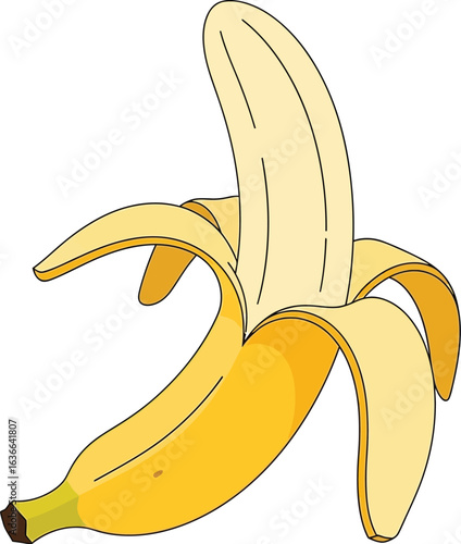 A peeled banana with its skin fanned out, simple cartoon style.