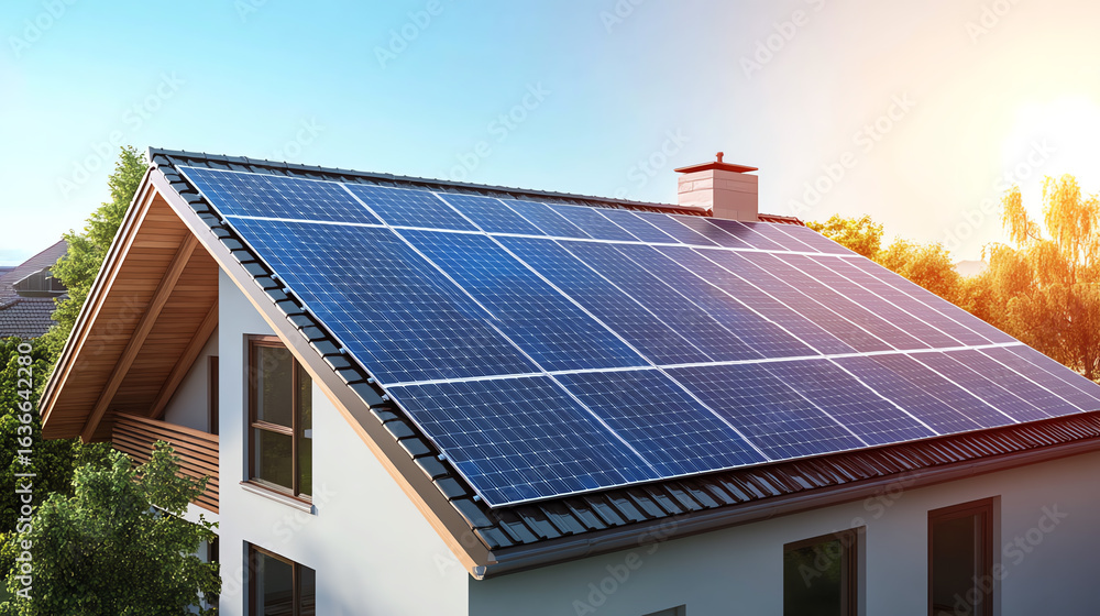 Fototapeta premium Urban home rooftop fully covered with solar panels, energy independence concept