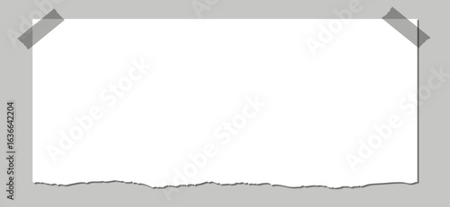Sheet of torn white blank paper with adhesive tape, isolated. Vector illustration of blank paper texture with copy space.