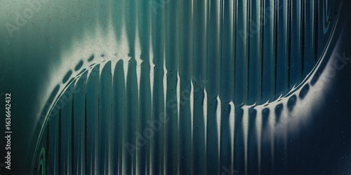 Glass texture with teal and navy ripple pattern and smooth light distortion background. Wavy abstract flow, futuristic blur effect, reeded vertical displacement.