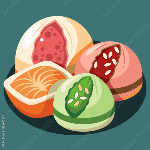 Colorful assortment of Asian desserts displayed on a dark plate. Various mochi shapes and fillings are shown in vibrant colors.