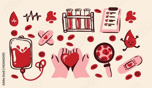 Blood donation icons blood bag, drop, heartbeat line, test tubes, checklist, hands holding heart, magnifying glass, blood cells, medical plasters. Flat vector illustration. Charity medical aid concept